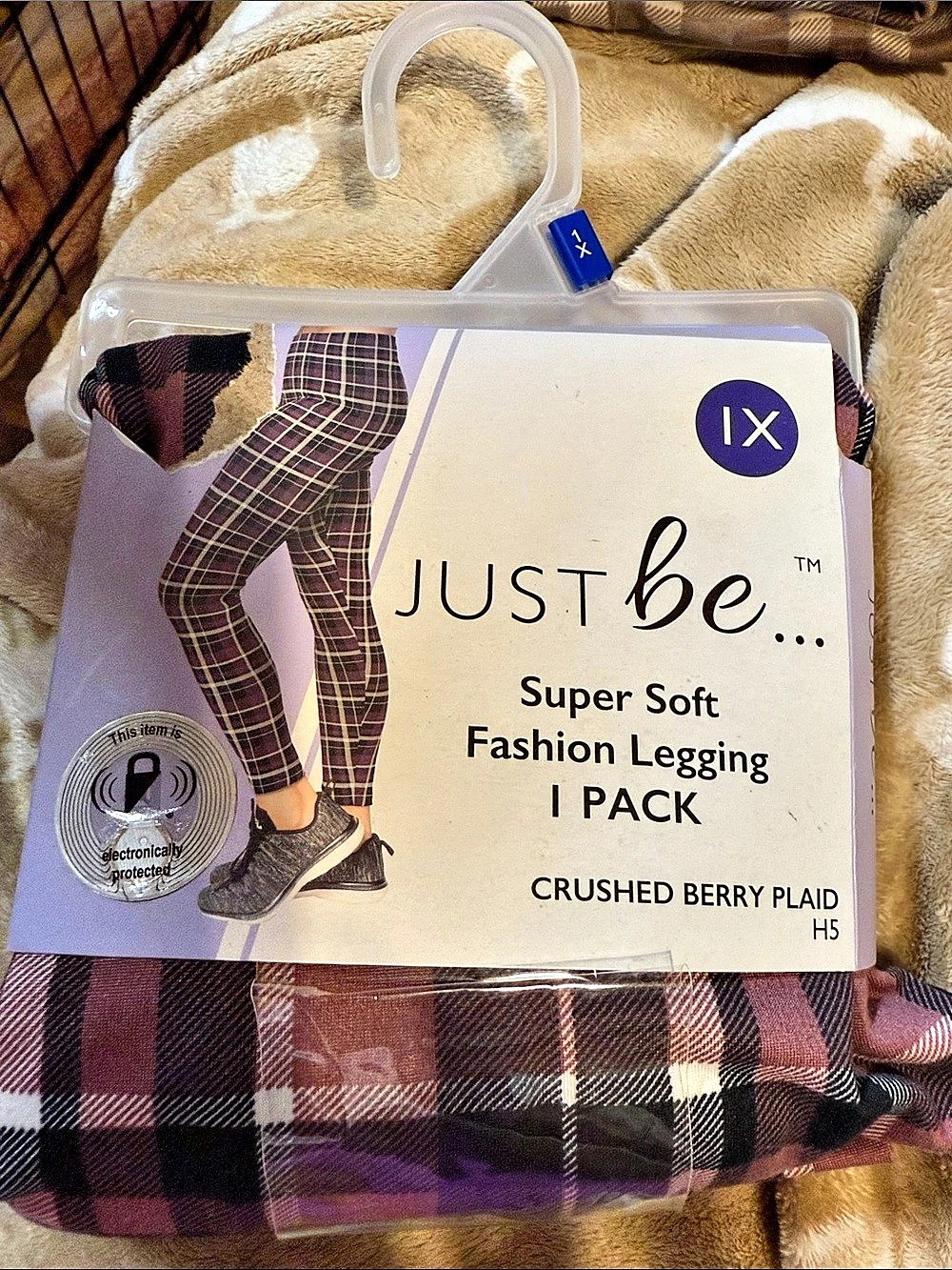 Just Be. Super Soft Fashion Legging. Plaid Purple & Red 1X